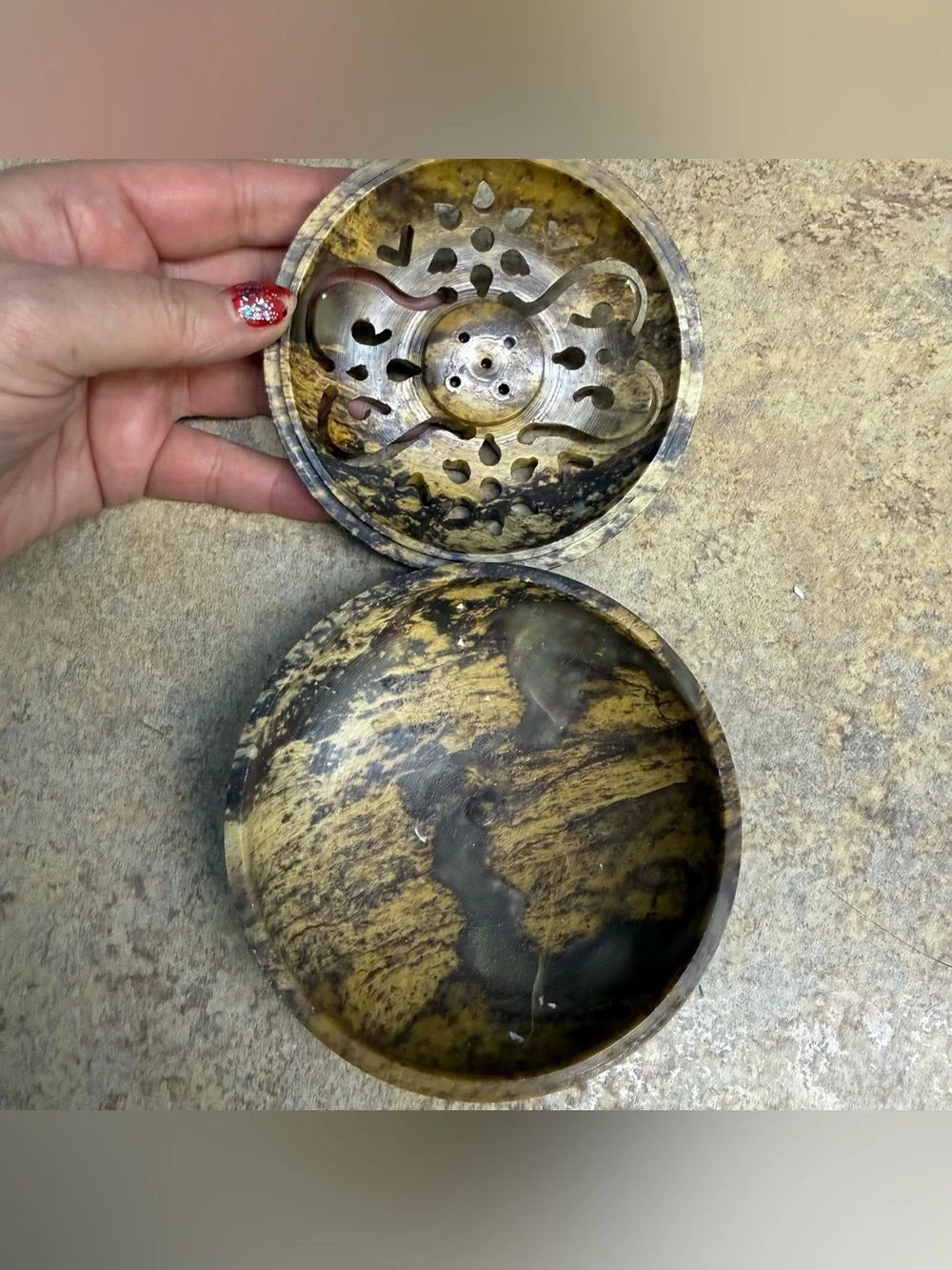 Carved Stone Incense Burner Trinket Dish with Lid Floral Design_5